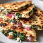 Mediterranean Quesadillas with Spinach, Feta, Mozzarella, and Red Onion 3 Mediterranean Quesadillas filled with spinach, feta cheese, mozzarella, and red onion