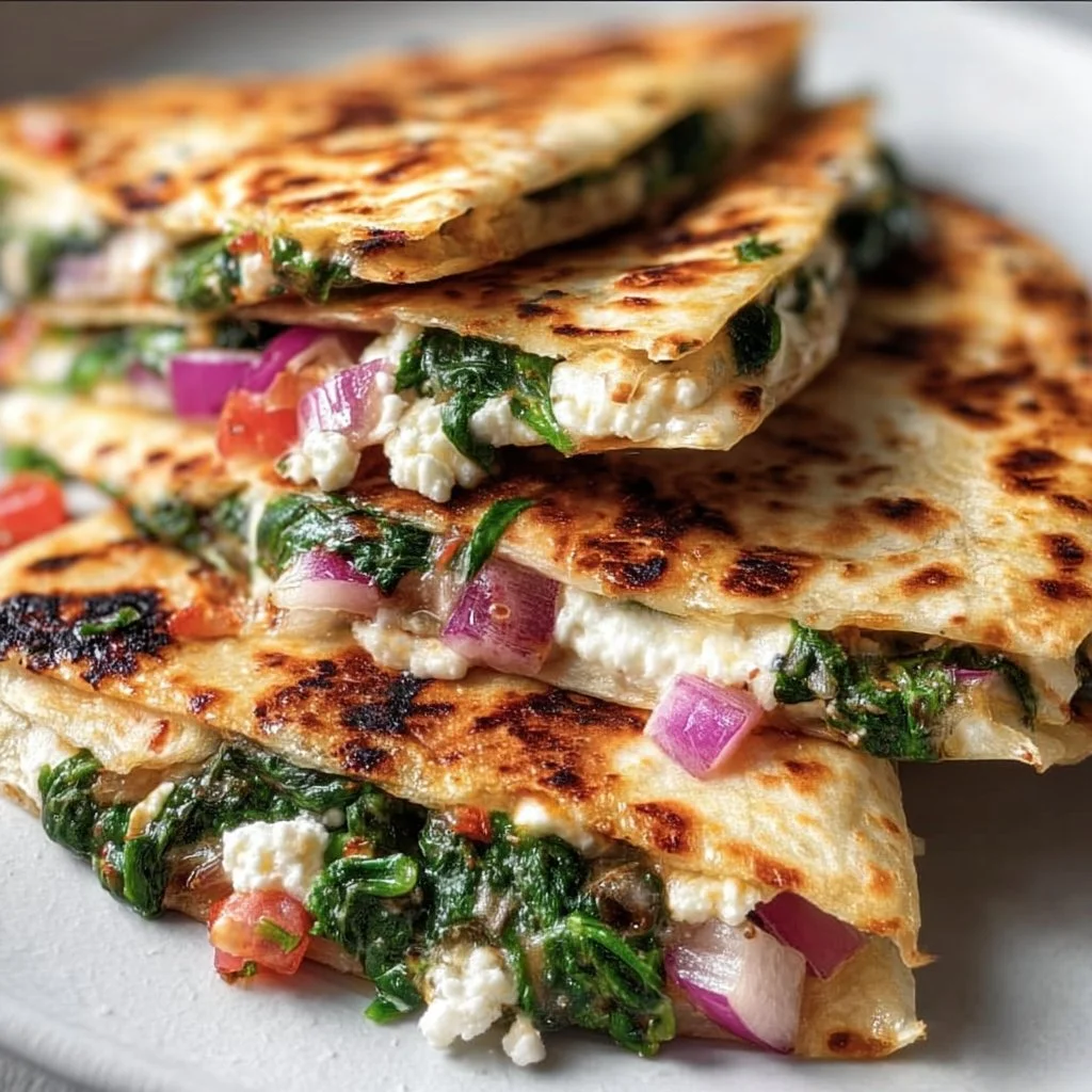 Mediterranean Quesadillas filled with spinach, feta cheese, mozzarella, and red onion