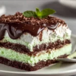 Delicious Mint Chocolate Lasagna served in a dish, perfect for dessert lovers.
