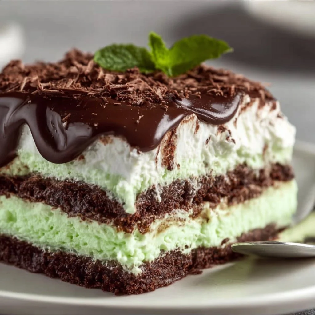 Delicious Mint Chocolate Lasagna served in a dish, perfect for dessert lovers.