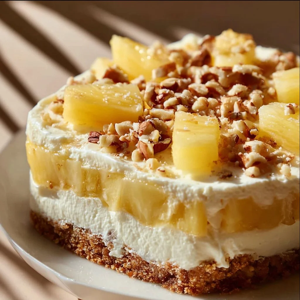 Slicing a moist Hawaiian Pineapple Cake topped with fresh pineapple and whipped cream.