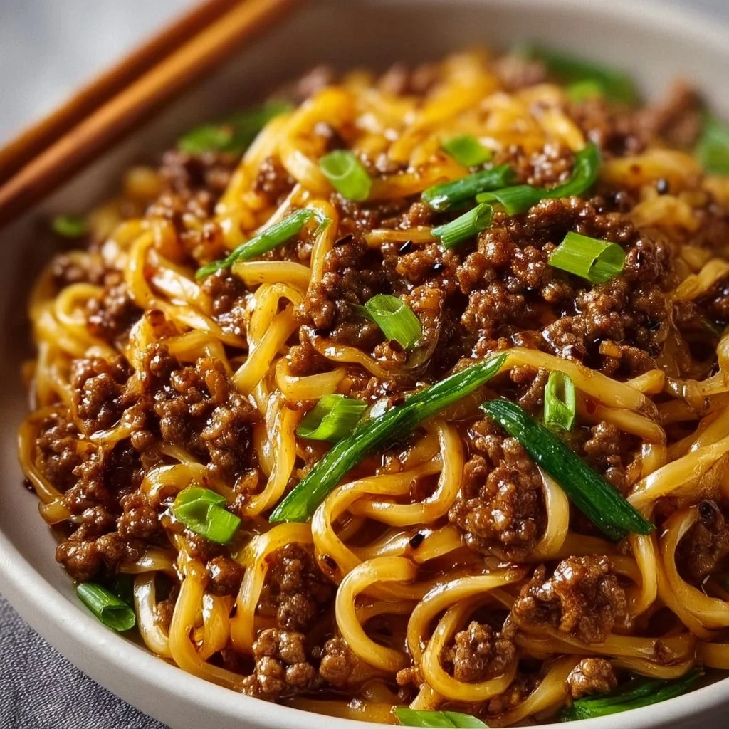 Mongolian Ground Beef Noodles served in a bowl with fresh vegetables
