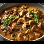 Creamy Mushroom Stroganoff with seitan served in a bowl