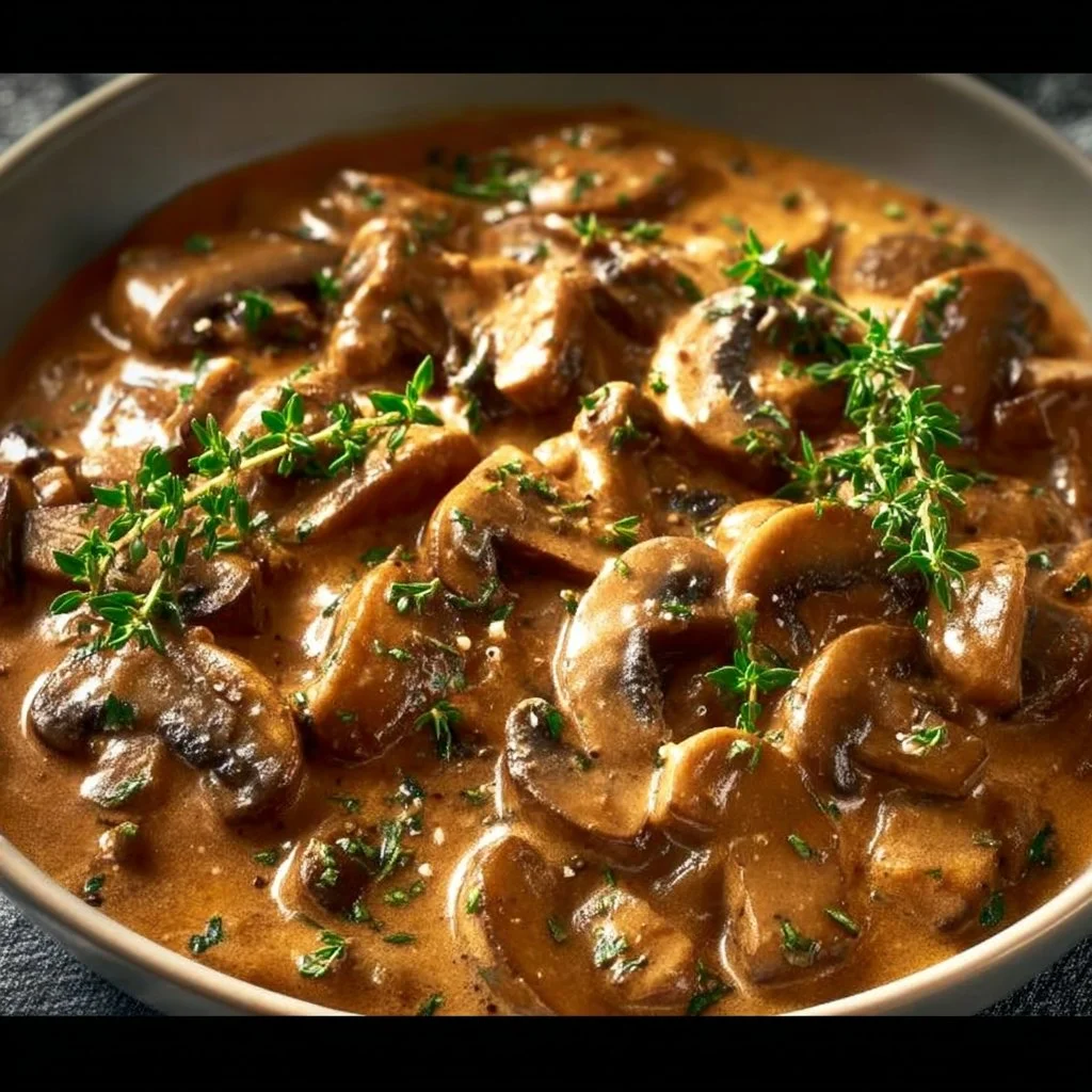Creamy Mushroom Stroganoff with seitan served in a bowl