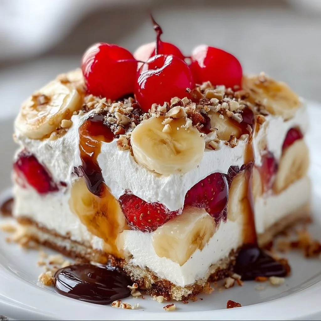 Delicious No Bake Banana Split Cake with layers of banana, cream, and chocolate