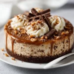 Slice of No-bake German Chocolate Cheesecake topped with coconut and pecans