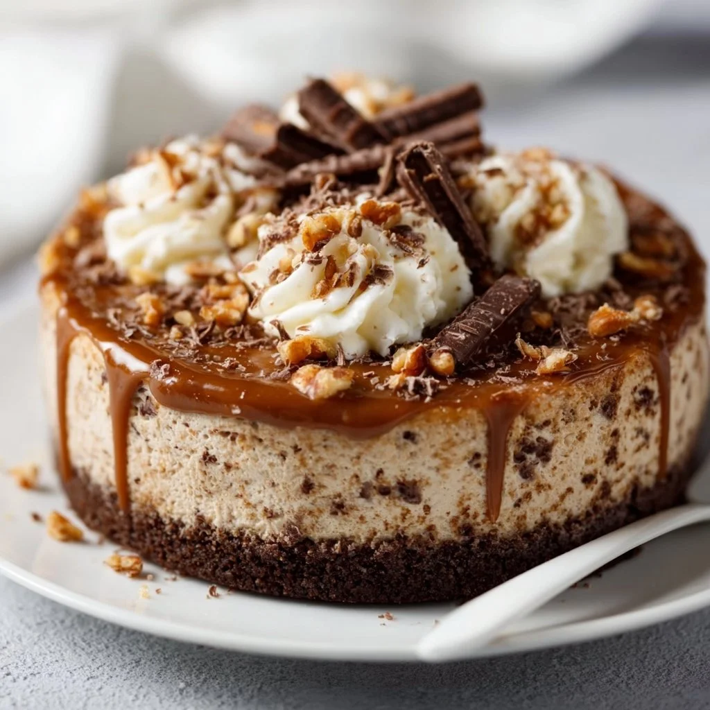 Slice of No-bake German Chocolate Cheesecake topped with coconut and pecans