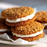 Oatmeal Cream Pie Cookies 4 Delicious Oatmeal Cream Pie cookies with creamy filling between two soft cookies.