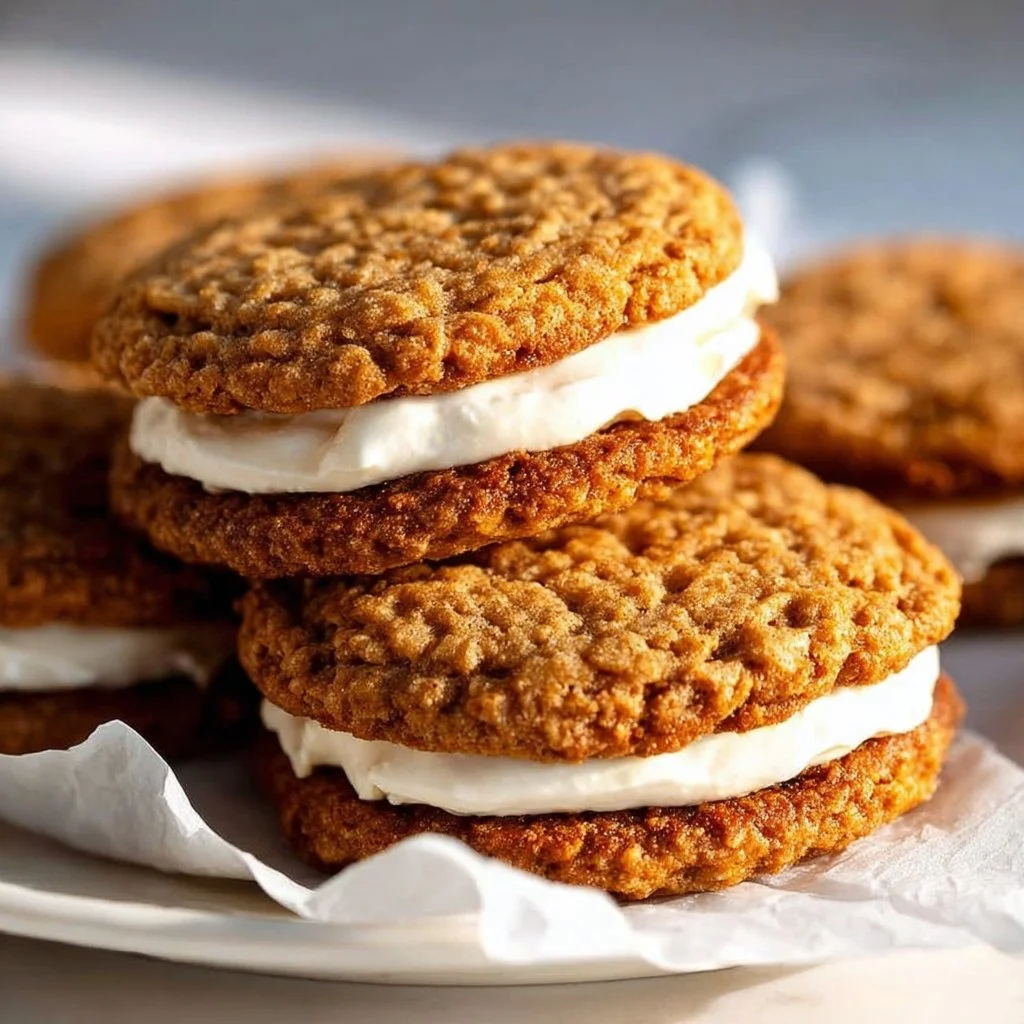 Delicious Oatmeal Cream Pie cookies with creamy filling between two soft cookies.