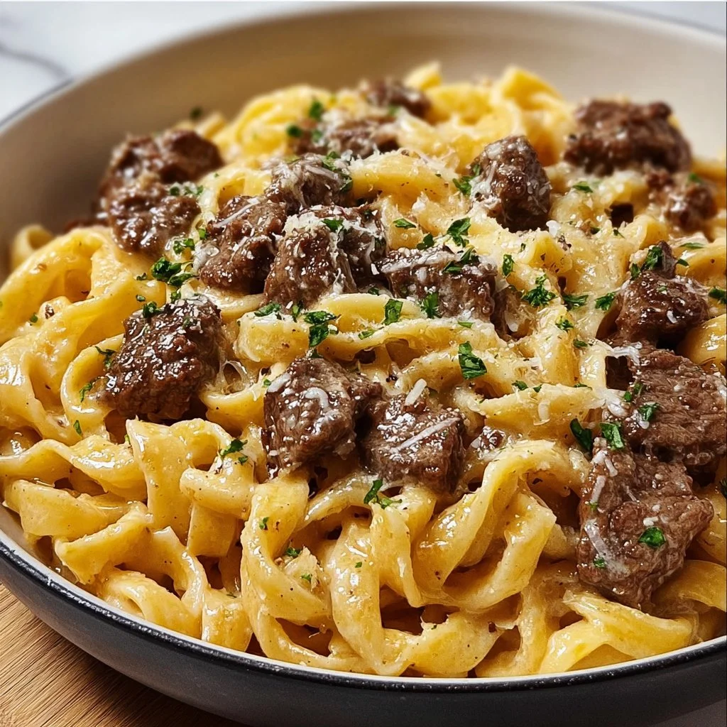One-Pot Creamy Beef and Garlic Butter Pasta served in a bowl