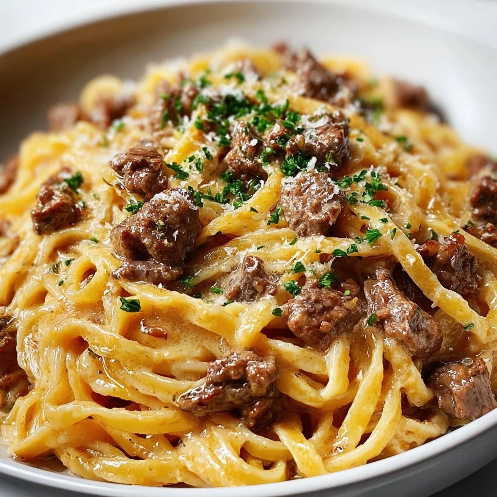 One-Pot Creamy Beef and Garlic Butter Pasta served in a bowl