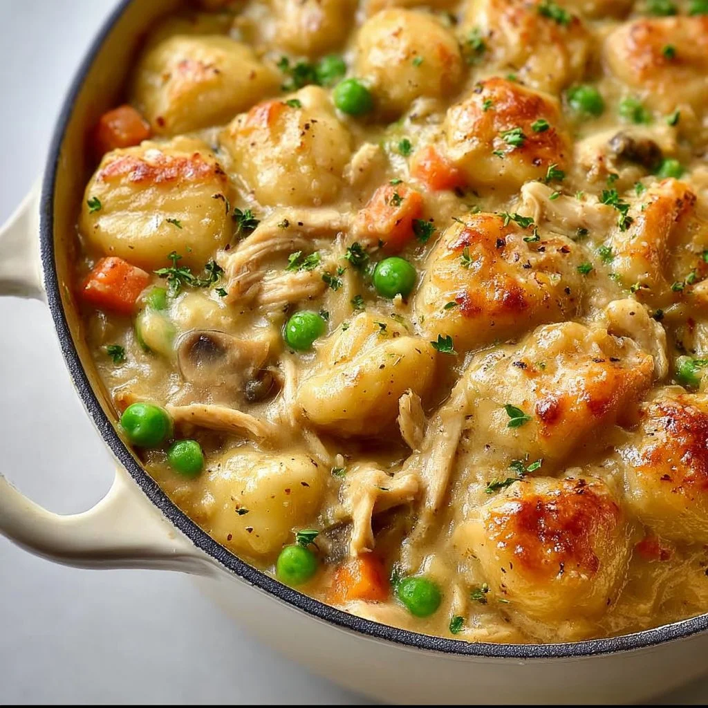 Delicious One Pot Gnocchi Chicken Pot Pie served in a rustic dish.