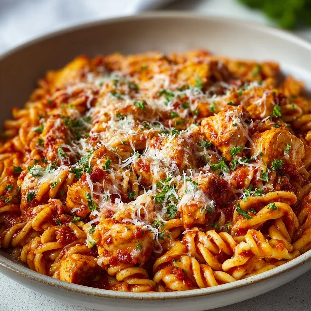 One-Pot Chicken Parmesan Pasta dish garnished with parsley on a white plate