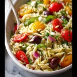 Colorful bowl of fresh orzo salad with vegetables and herbs