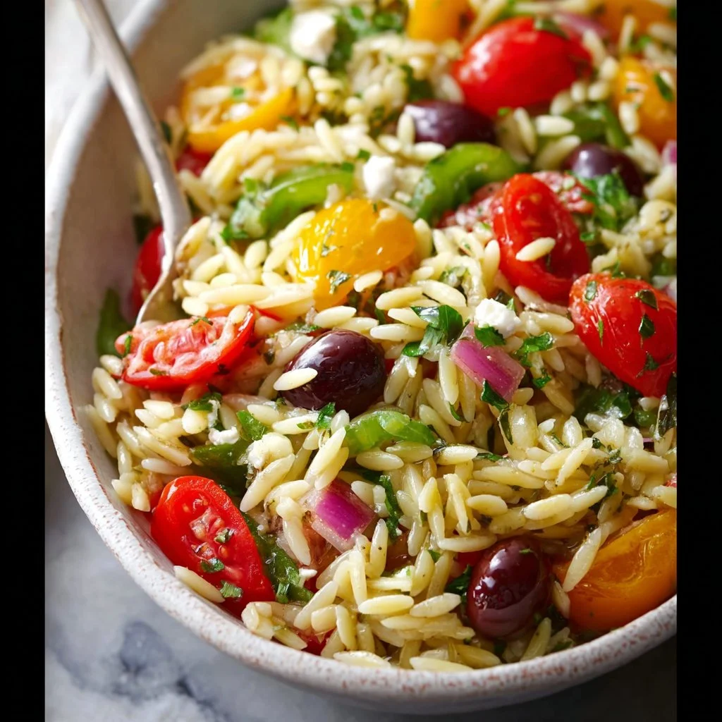 Colorful bowl of fresh orzo salad with vegetables and herbs