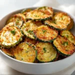 Oven-baked zucchini chips on a baking sheet, a healthy snack option