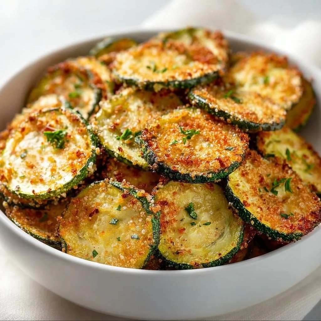 Oven-baked zucchini chips on a baking sheet, a healthy snack option