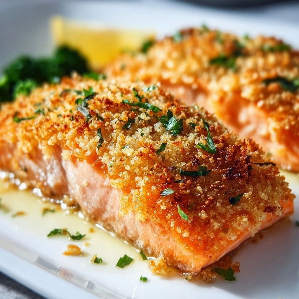Panko Crusted Salmon served with vegetables on a plate