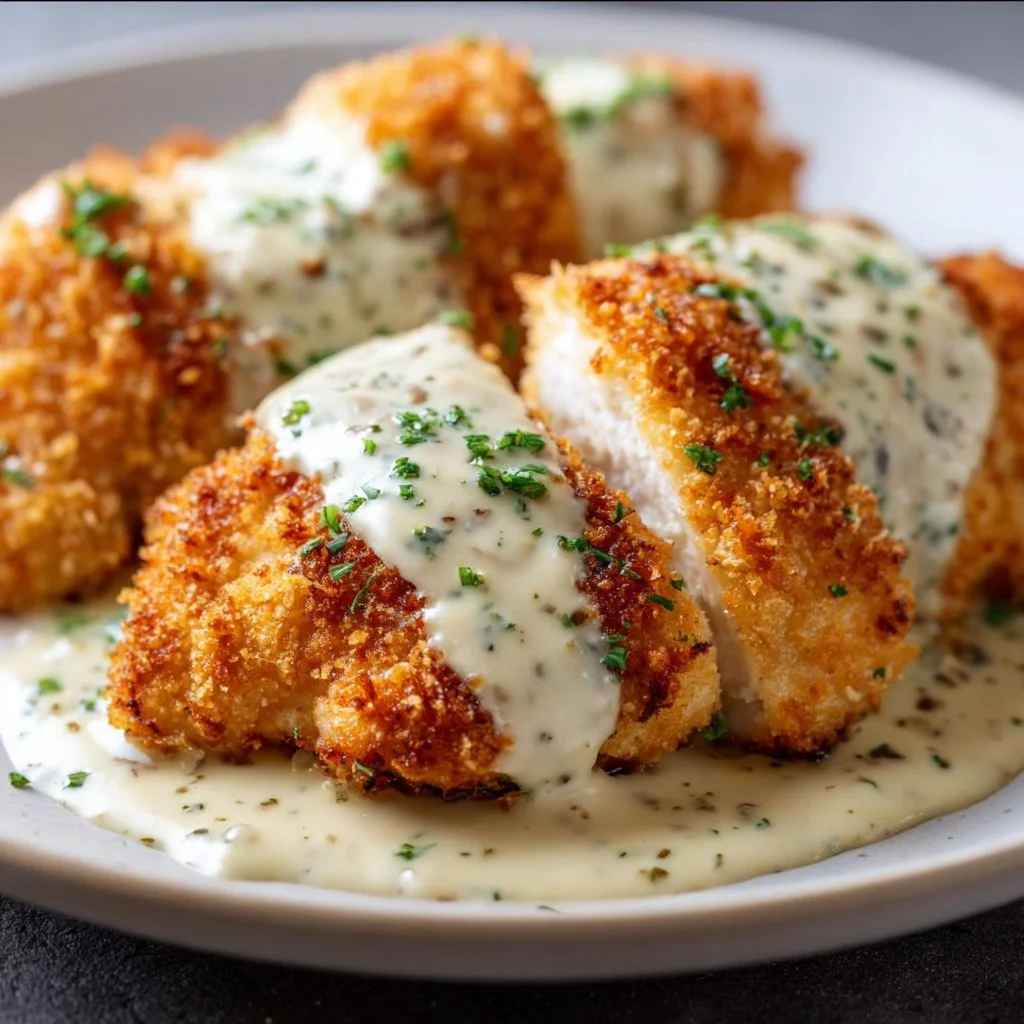 Delicious Parmesan Crusted Chicken garnished with herbs on a rustic plate