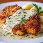 Parmesan Crusted Chicken served with herbs and vegetables on a plate
