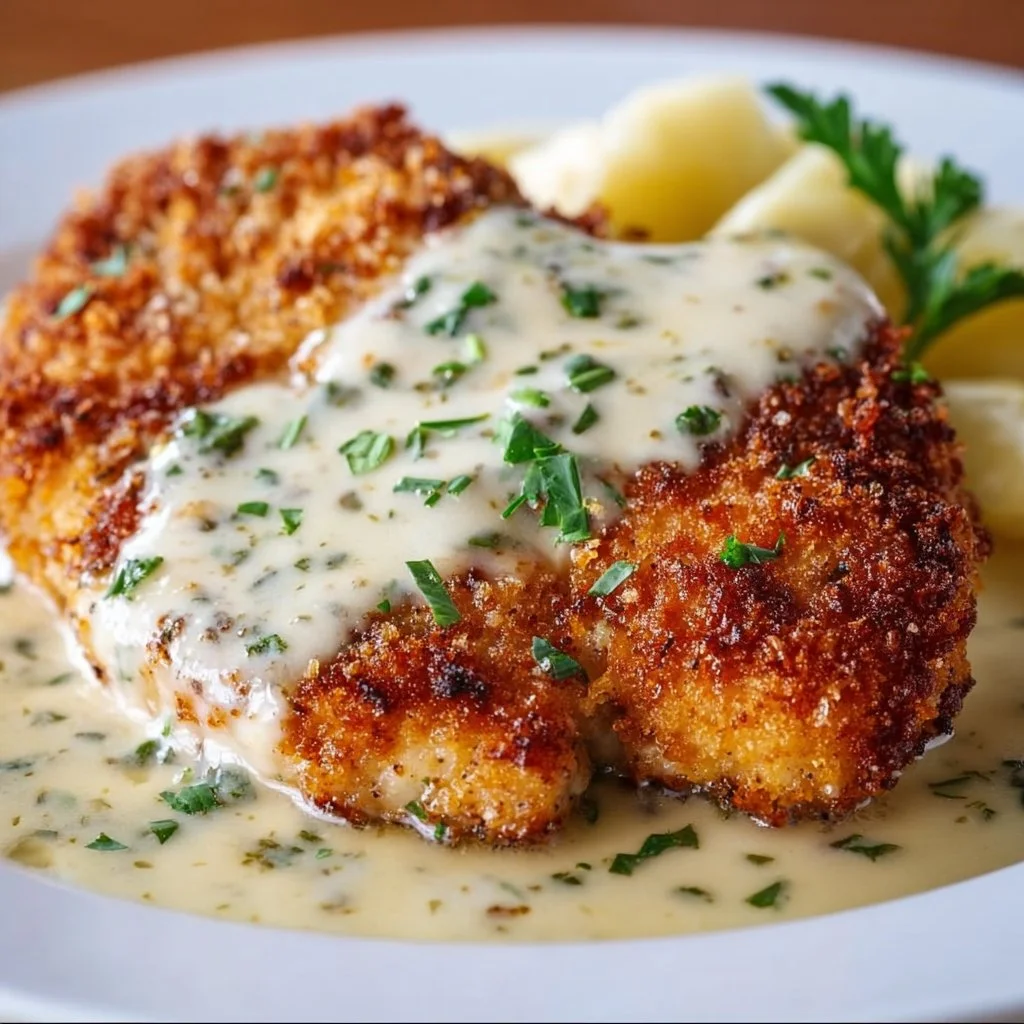 Parmesan Crusted Chicken served with herbs and vegetables on a plate