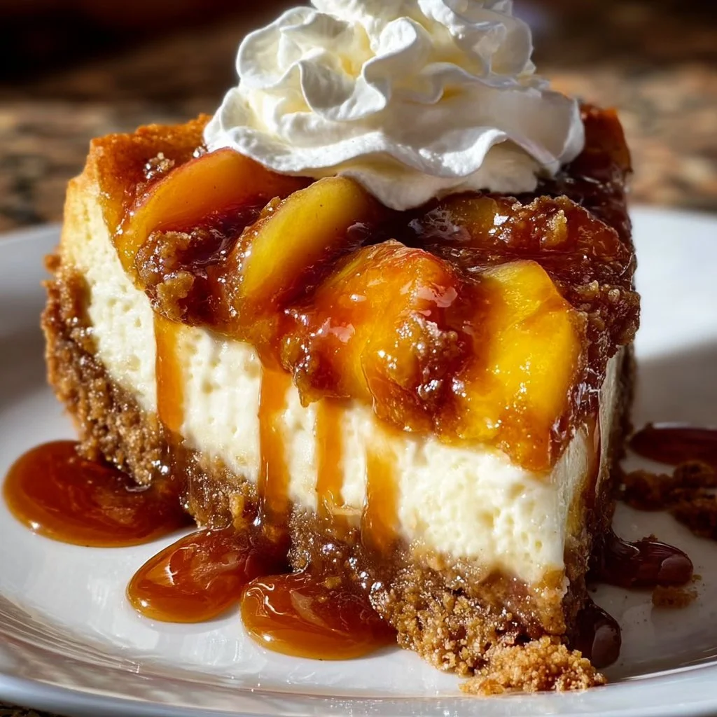 Slice of delicious Peach Cobbler Cheesecake topped with fresh peaches