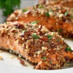 Pecan Crusted Salmon 4 Pecan crusted salmon fillet garnished with herbs and served with a side of vegetables