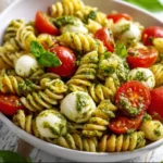 Bowl of Pesto Caprese Pasta Salad with fresh basil, tomatoes, and mozzarella