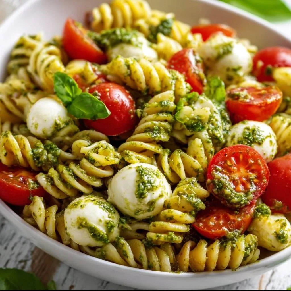 Bowl of Pesto Caprese Pasta Salad with fresh basil, tomatoes, and mozzarella