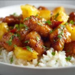 Delicious Pineapple Chicken served with rice on a plate