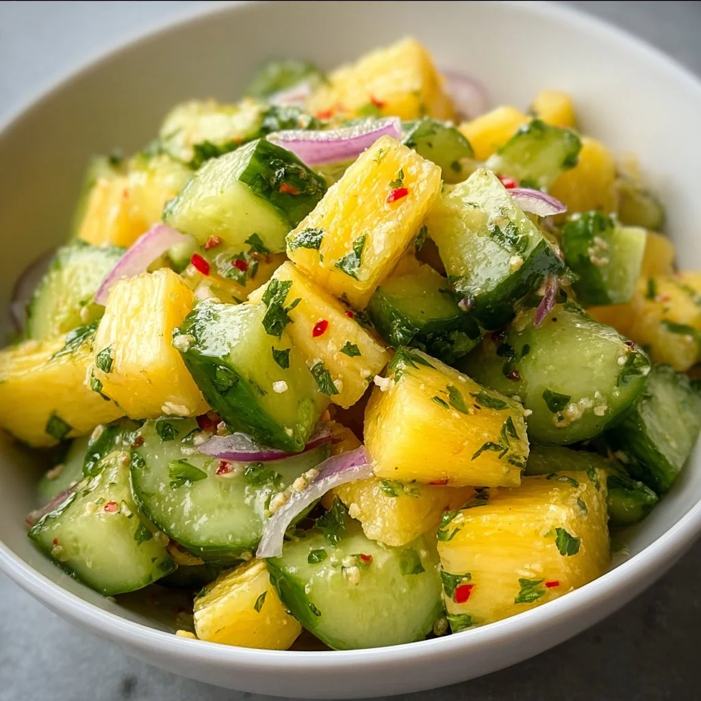 A colorful bowl of pineapple cucumber salad with fresh ingredients.