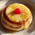 Pineapple Upside Down Pancakes 4 Fluffy Pineapple Upside Down Pancakes topped with caramelized pineapple slices.