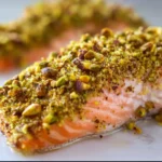 Pistachio Crusted Salmon 4 Pistachio crusted salmon on a plate with garnishes and lemon slices