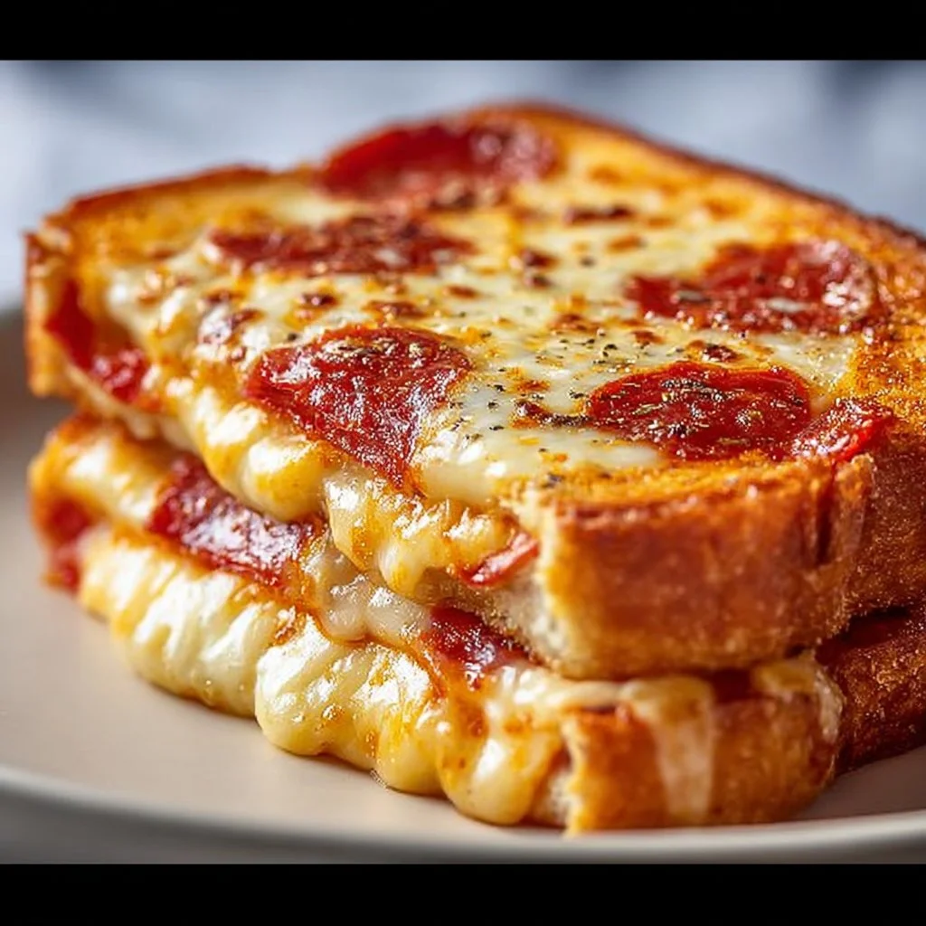 Delicious Pizza Grilled Cheese sandwich with melted cheese and toppings