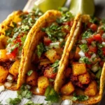 Delicious potato tacos topped with fresh ingredients and served in a warm tortilla.