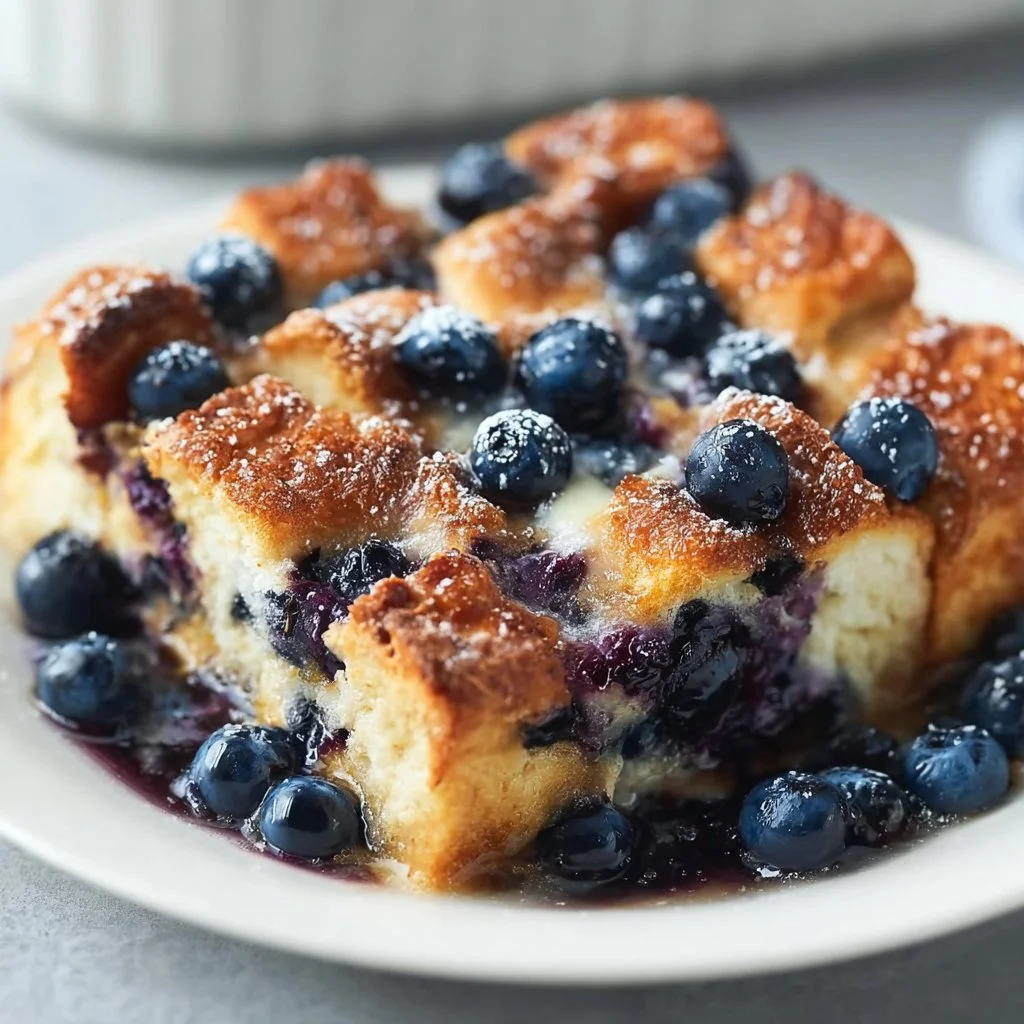 Delicious blueberry french toast casserole baked and ready to serve
