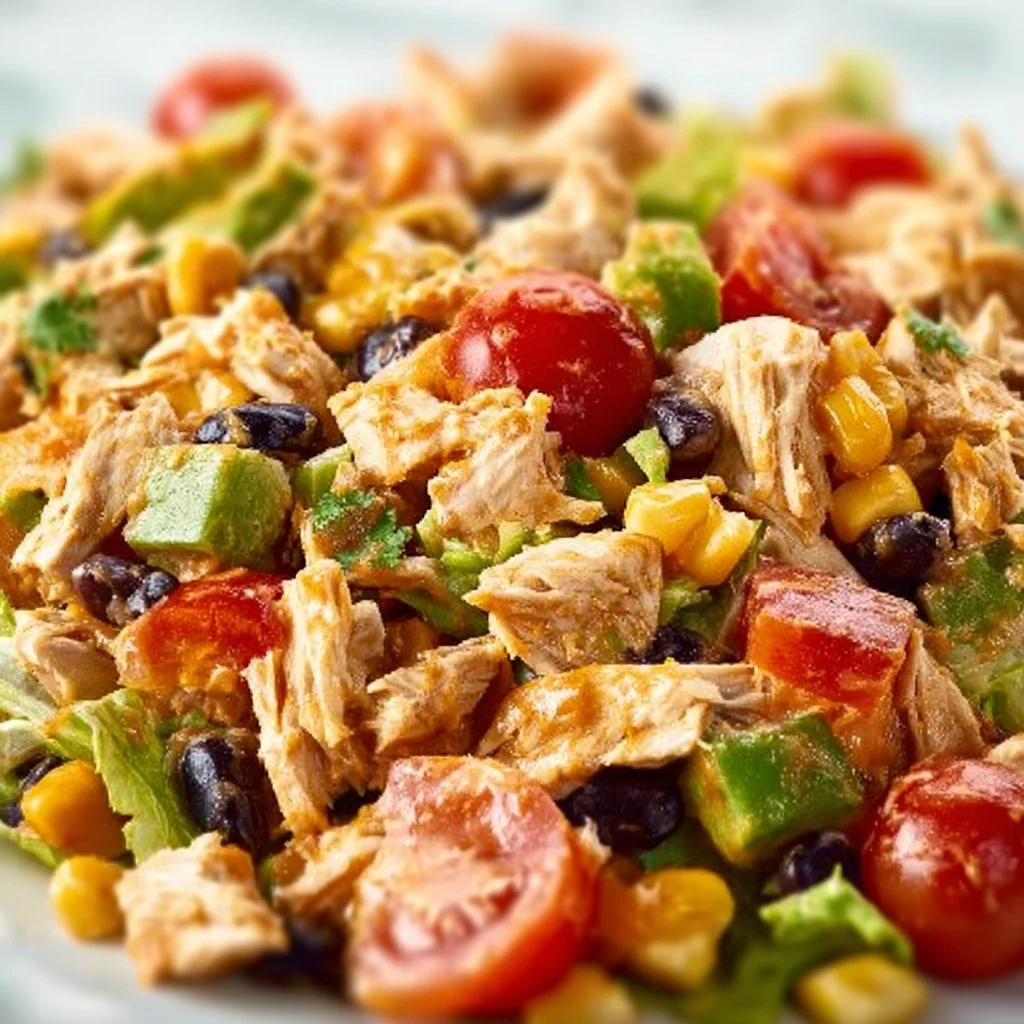 Quick Southwest Chicken Salad with grilled chicken, beans, corn, and fresh veggies