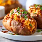 Quick stuffed sweet potatoes topped with black beans and avocado