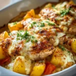 Ranch chicken and potato bake dish served in a baking dish, garnished with herbs.