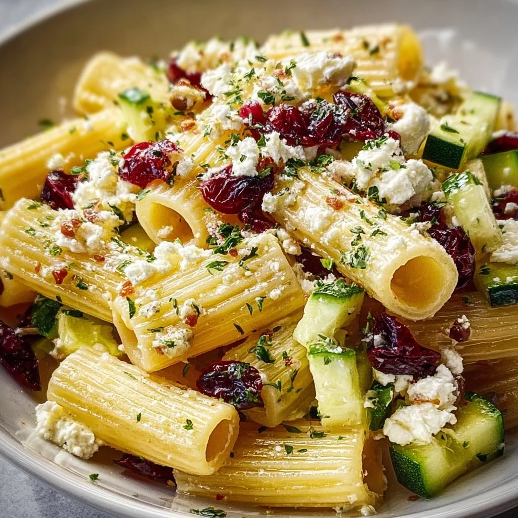 Colorful Rigatoni Salad with Feta and Cranberries served in a bowl