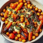 Roasted carrot and chickpea bowl garnished with fresh herbs
