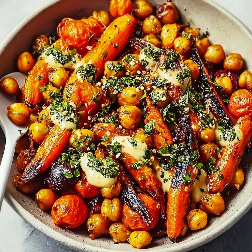 Roasted carrot and chickpea bowl garnished with fresh herbs