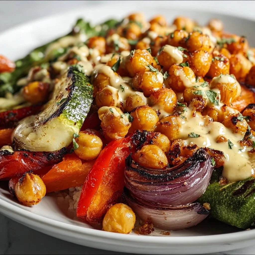 Roasted chickpea and veggie bowl with colorful vegetables and spices