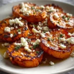 Plate of delicious roasted sweet potato rounds garnished with herbs