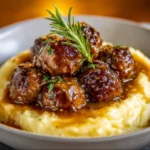 Salisbury Steak Meatballs 4 Plate of savory Salisbury steak meatballs served with mashed potatoes and gravy