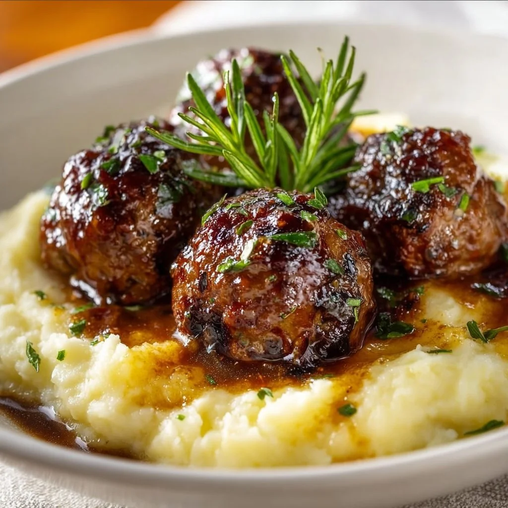 Salisbury Steak Meatballs 2 Salisbury Steak Meatballs with Garlic Herb Mashed Potatoes