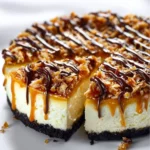 Gourmet Samoa Cheesecake topped with chocolate drizzle and toasted coconut flakes.