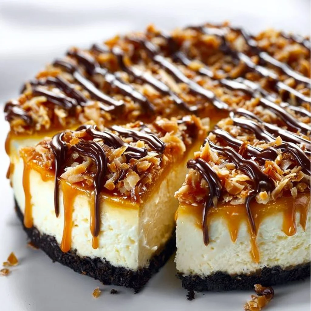 Gourmet Samoa Cheesecake topped with chocolate drizzle and toasted coconut flakes.
