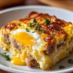 Delicious Sausage and Egg Casserole fresh out of the oven, ready to serve.