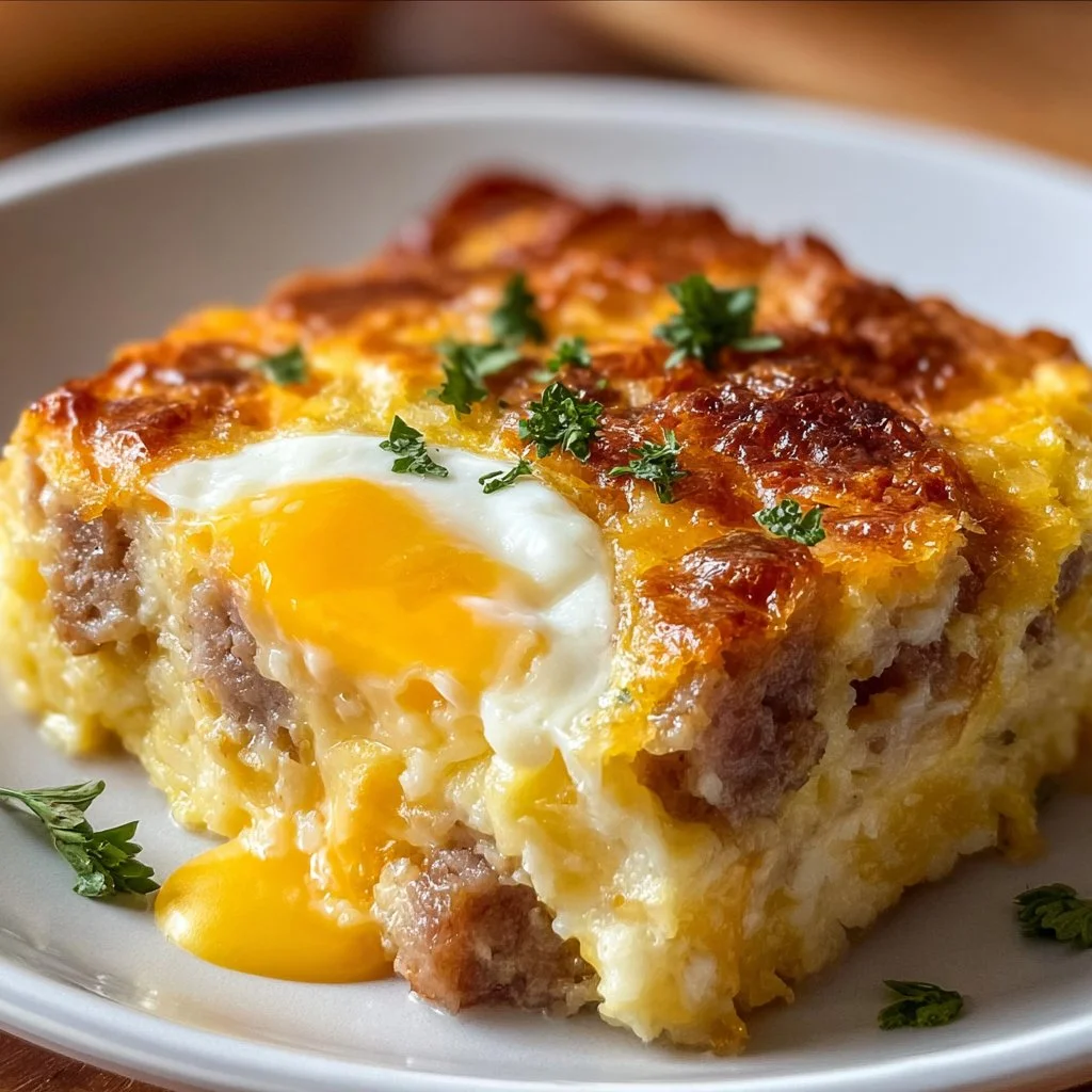 Delicious Sausage and Egg Casserole fresh out of the oven, ready to serve.